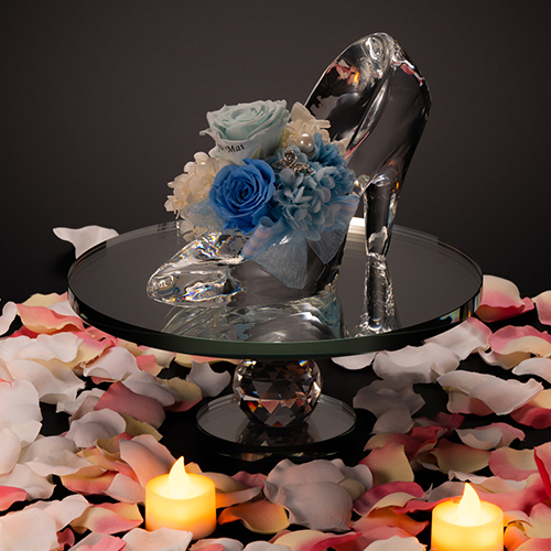 花に名入れ シンデレラの靴 クリスタルガラス メッセージ プリザーブドフラワー≪プリンセスブルー≫