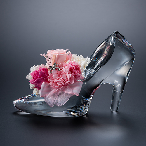 花に名入れ シンデレラの靴 クリスタルガラス メッセージ プリザーブドフラワー≪プリンセスピンク≫