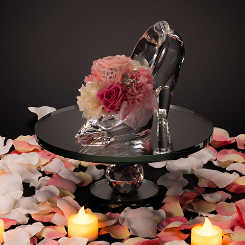 花に名入れ シンデレラの靴 クリスタルガラス メッセージ プリザーブドフラワー≪プリンセスピンク≫