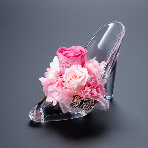 【プロポーズ】シンデレラの靴 プリンセスアレンジ(アクリル製)プリザーブドフラワー≪ピンク ≫
