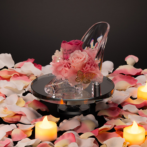 【プロポーズ】シンデレラの靴 プリンセスアレンジ(アクリル製)プリザーブドフラワー≪ピンク ≫