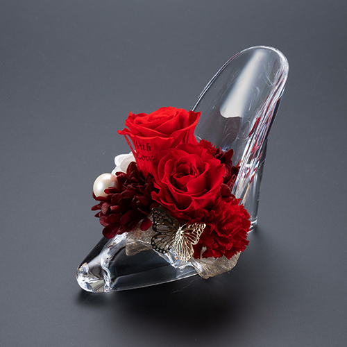 【プロポーズ】シンデレラの靴 プリンセスアレンジ(アクリル製)プリザーブドフラワー≪レッド≫