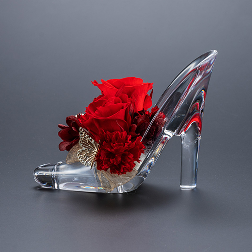 【プロポーズ】シンデレラの靴 プリンセスアレンジ(アクリル製)プリザーブドフラワー≪レッド≫