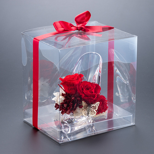 【プロポーズ】シンデレラの靴 プリンセスアレンジ(アクリル製)プリザーブドフラワー≪レッド≫