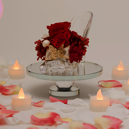 【プロポーズ】シンデレラの靴 プリンセスアレンジ(アクリル製)プリザーブドフラワー≪レッド≫