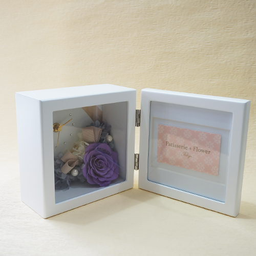 【花に記念日プリント】ピクチャークロックスタンド&プリザーブドフラワー≪ヴァイオレット≫ 紫のバラ