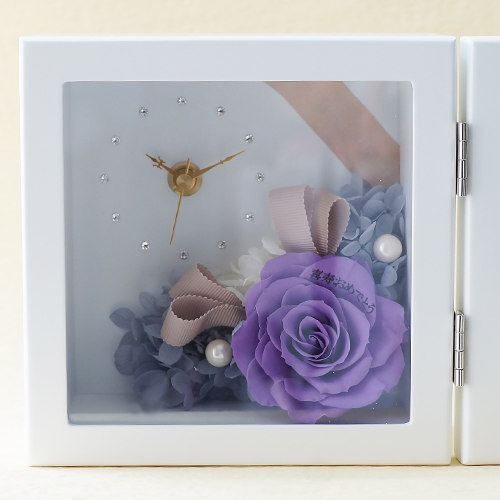 【花に記念日プリント】ピクチャークロックスタンド&プリザーブドフラワー≪ヴァイオレット≫ 紫のバラ