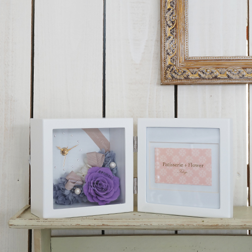 【花に記念日プリント】ピクチャークロックスタンド&プリザーブドフラワー≪ヴァイオレット≫ 紫のバラ