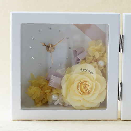 【花に記念日プリント】ピクチャークロックスタンド&プリザーブドフラワー≪イエロー≫