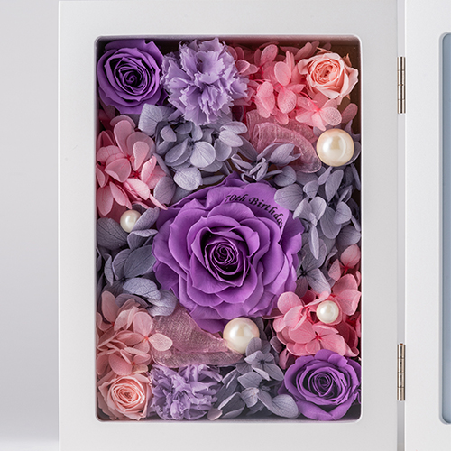 【花に記念日プリント】フォトフレーム&プリザーブドフラワー L ≪ヴァイオレット≫ 紫のバラ