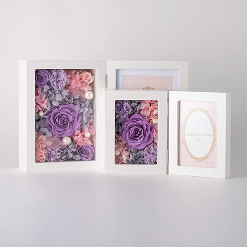 【花に記念日プリント】フォトフレーム&プリザーブドフラワー S ≪ヴァイオレット≫ 紫のバラ