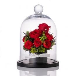 【花に記念日プリント】フラワードームアレンジメント レッド M