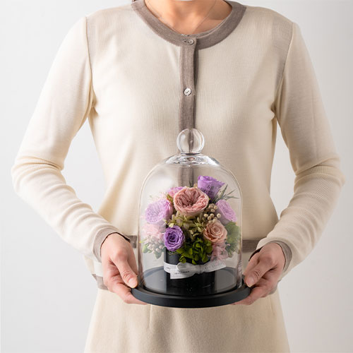 【花に記念日プリント】フラワードームアレンジメント ヴァイオレット M 紫のバラ