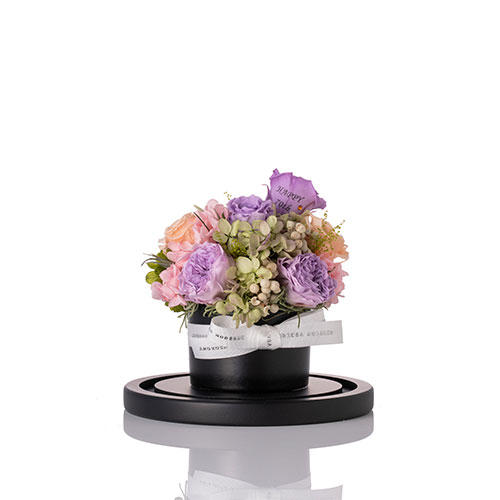 【花に記念日プリント】フラワードームアレンジメント ヴァイオレット S 紫のバラ