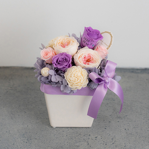 【花に記念日プリント】パステルプリザーブドフラワーアレンジ L ≪ヴァイオレット≫ 紫のバラ
