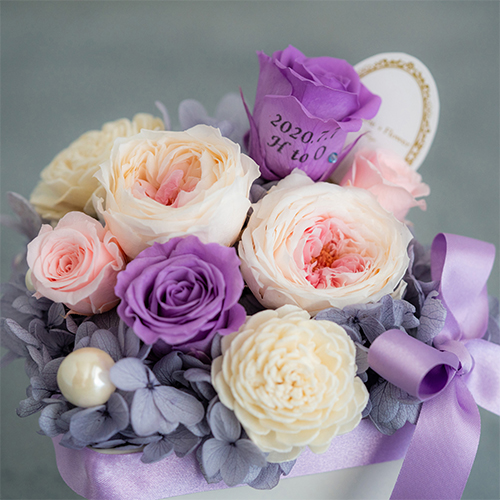 【花に記念日プリント】パステルプリザーブドフラワーアレンジ L ≪ヴァイオレット≫ 紫のバラ