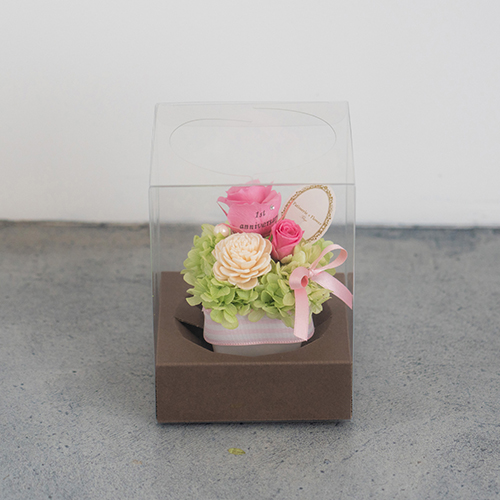 【花に記念日プリント】パステルプリザーブドフラワーアレンジS≪ピンク≫