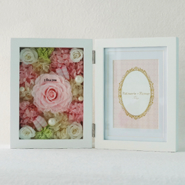 【花に記念日プリント】フォトフレーム&プリザーブドフラワー L ≪ピーチ≫