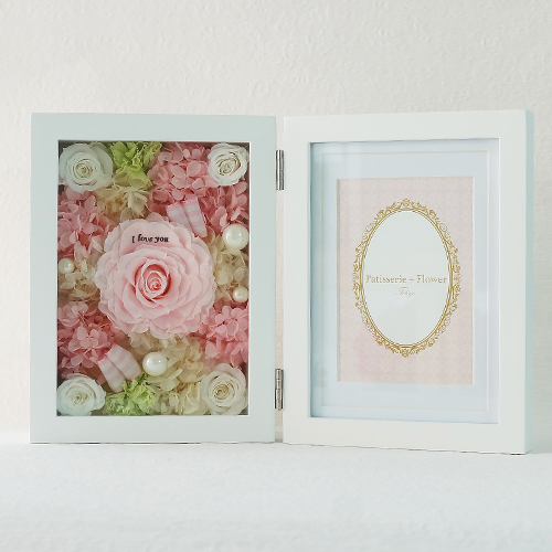 【花に記念日プリント】フォトフレーム&プリザーブドフラワー L ≪ピーチ≫