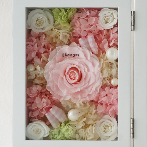 【花に記念日プリント】フォトフレーム&プリザーブドフラワー L ≪ピーチ≫