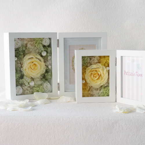 【花に記念日プリント】フォトフレーム&プリザーブドフラワー L ≪リモーネ≫