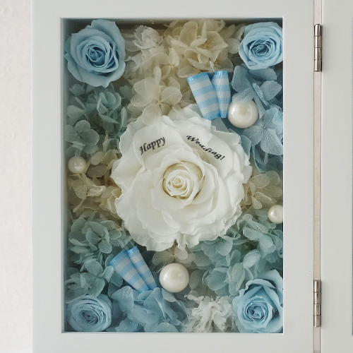 【花に記念日プリント】フォトフレーム&プリザーブドフラワー L ≪ソーダ≫