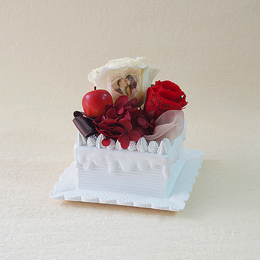 【メッセージローズ】赤りんごのホイップクリームスクエアケーキ&プリザーブドフラワー≪レッド≫