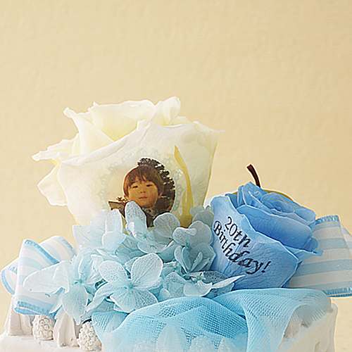 【メッセージローズ】青りんごのホイップクリームスクエアケーキ&プリザーブドフラワー≪ブルー≫