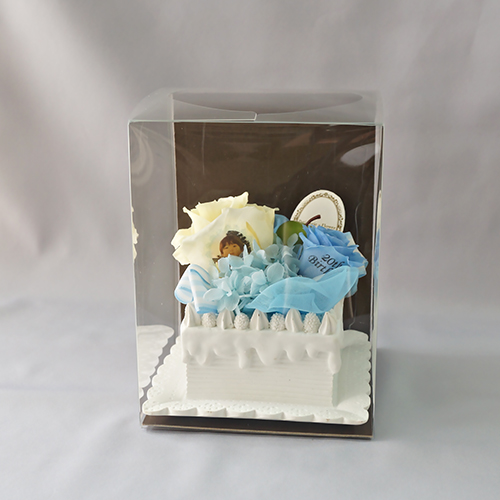 【メッセージローズ】青りんごのホイップクリームスクエアケーキ&プリザーブドフラワー≪ブルー≫