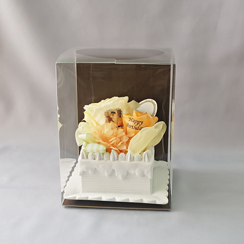 【メッセージローズ】オレンジのホイップクリームスクエアケーキ&プリザーブドフラワー≪オレンジ≫