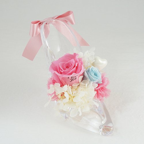 【メッセージローズ】シンデレラの靴 お花イッパイ!プリザーブドフラワーアレンジ≪シャーベットピンク≫