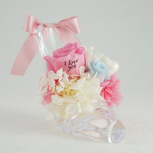 【メッセージローズ】シンデレラの靴 お花イッパイ!プリザーブドフラワーアレンジ≪シャーベットピンク≫