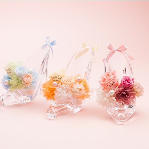 【メッセージローズ】シンデレラの靴 お花イッパイ!プリザーブドフラワーアレンジ≪オレンジ≫