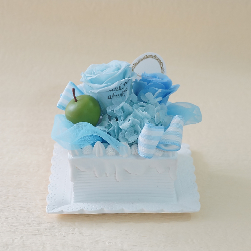【メッセージローズ】青りんごのホイップクリームスクエアプリザーブドフラワーケーキ≪ブルー≫