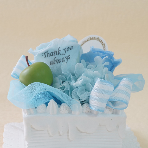 【メッセージローズ】青りんごのホイップクリームスクエアプリザーブドフラワーケーキ≪ブルー≫