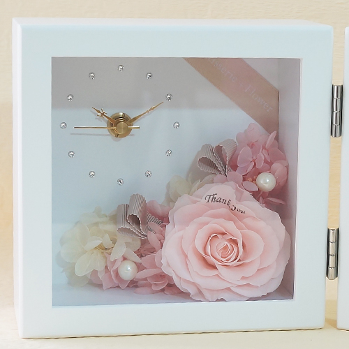 【花に記念日プリント】ピクチャークロック&プリザーブドフラワー≪ピンク≫