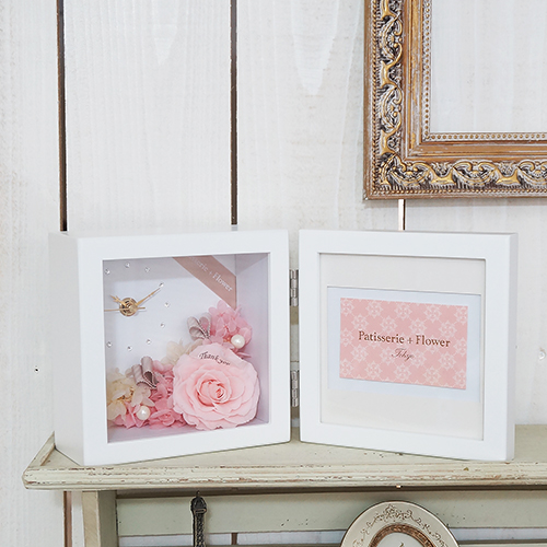 【花に記念日プリント】ピクチャークロック&プリザーブドフラワー≪ピンク≫