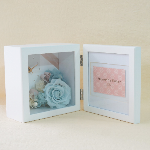 【花に記念日プリント】ピクチャークロックスタンド&プリザーブドフラワー≪ソーダブルー≫