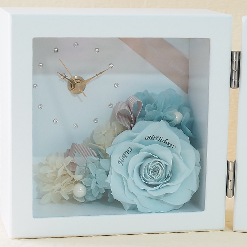 【花に記念日プリント】ピクチャークロックスタンド&プリザーブドフラワー≪ソーダブルー≫