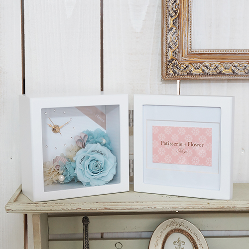 【花に記念日プリント】ピクチャークロックスタンド&プリザーブドフラワー≪ソーダブルー≫