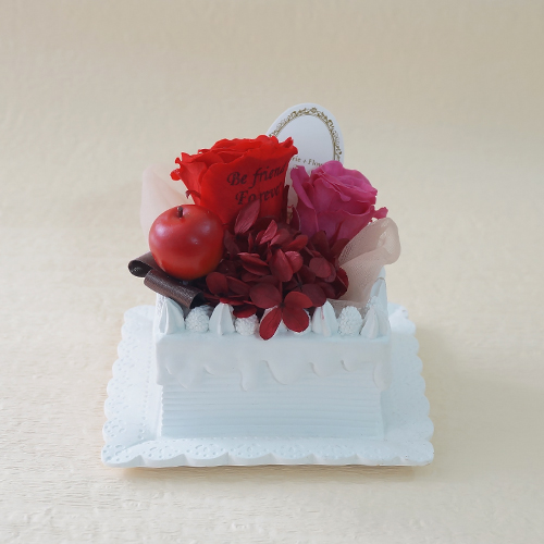 【メッセージローズ】赤りんごのホイップクリームスクエアプリザーブドフラワーケーキ≪レッド≫